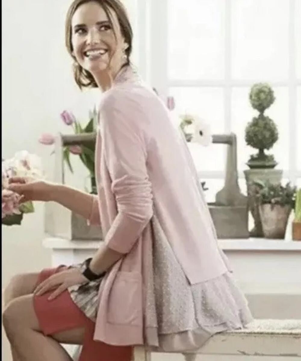 LOGO Lori Goldstein sz XL Pink/Beige Layered Open Cardigan Top Lace Trim A275718